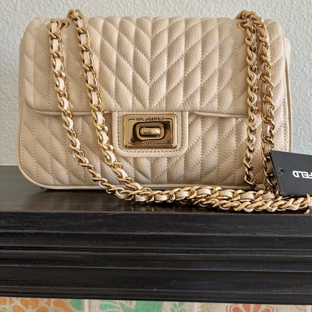 NWT Karl Lagerfeld Agyness Leather Shoulder/Crossbody bag in Cream - Picture 1 of 10
